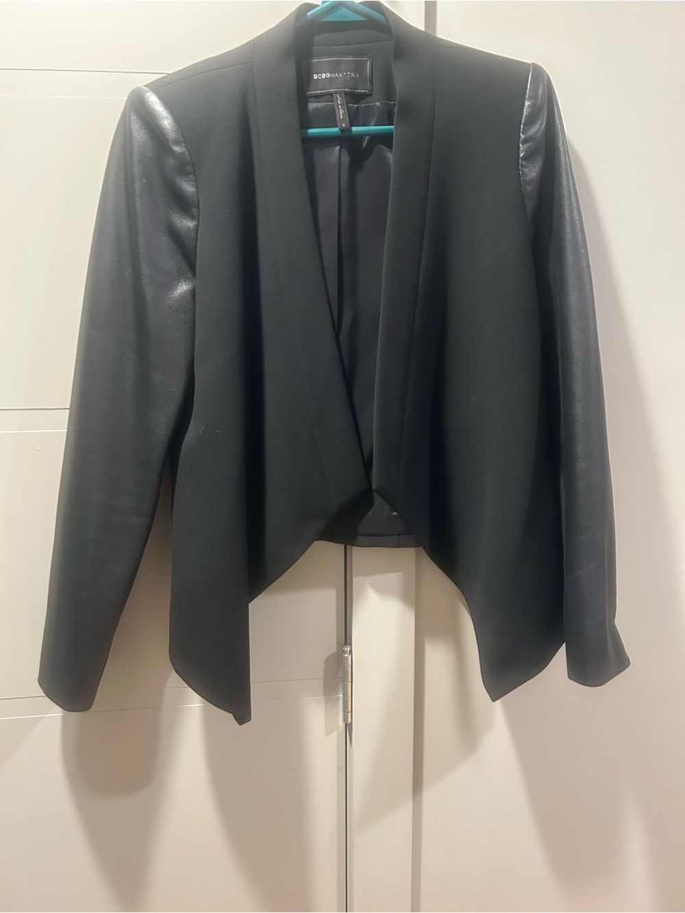 BCBGMAXAZRIA Black Draped Blazer with Faux Leather Sleeves w/zipper